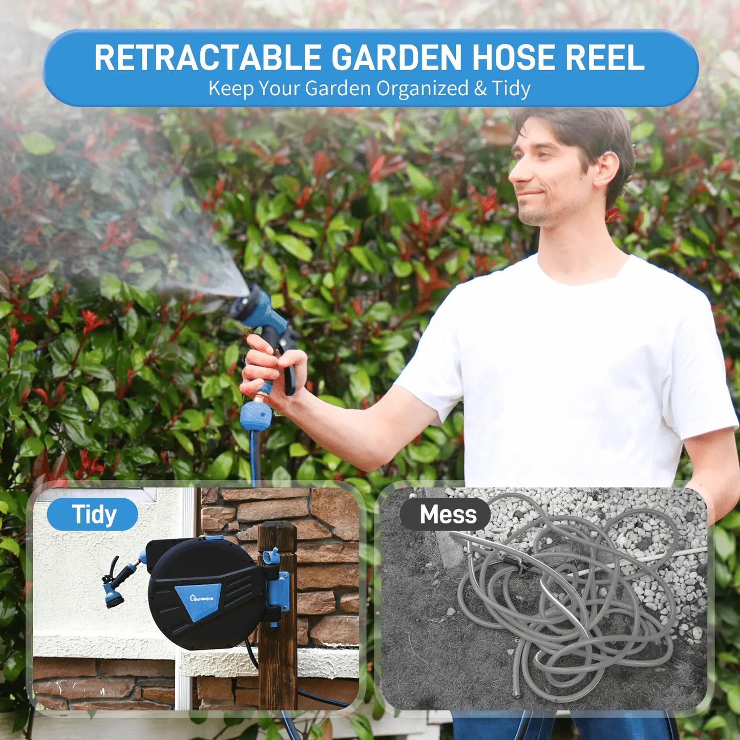 Retractable Garden Hose Reel – Heavy-Duty, Wall-Mounted Water Hose Storage (Blue)
