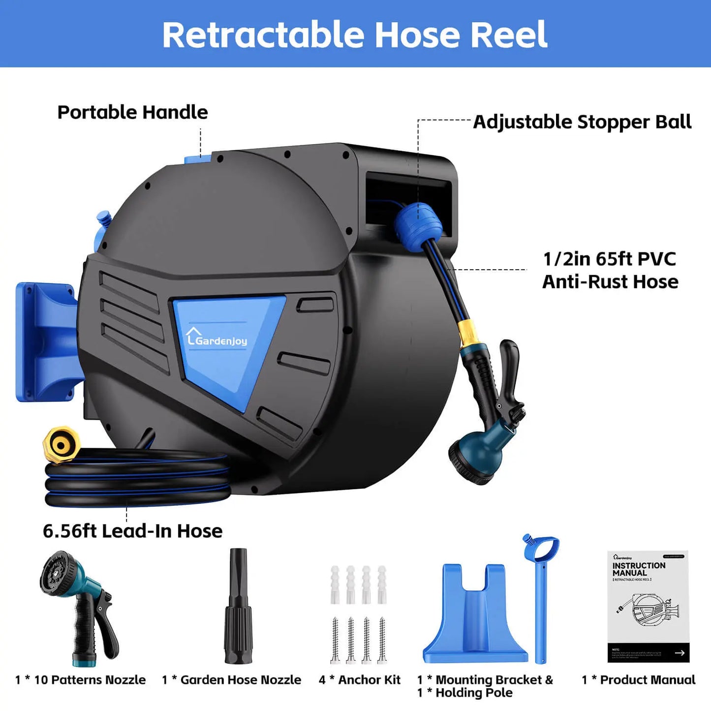 Retractable Garden Hose Reel – Heavy-Duty, Wall-Mounted Water Hose Storage (Blue)